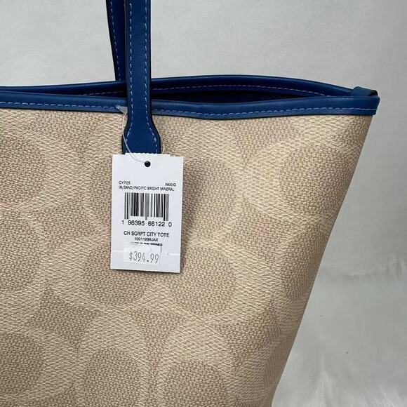 Coach City Tote Bag Signature Canvas W Coach Graphic Sand/Pacific Blue CY705 NWT - Picture 7 of 12